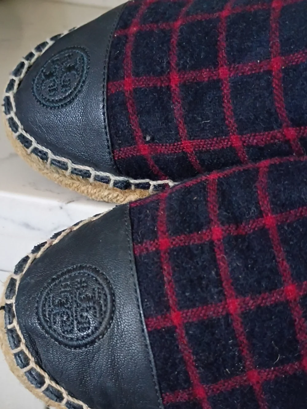 Tory Burch Navy and Red Plaid Espadrille Flats with Logo Toe
